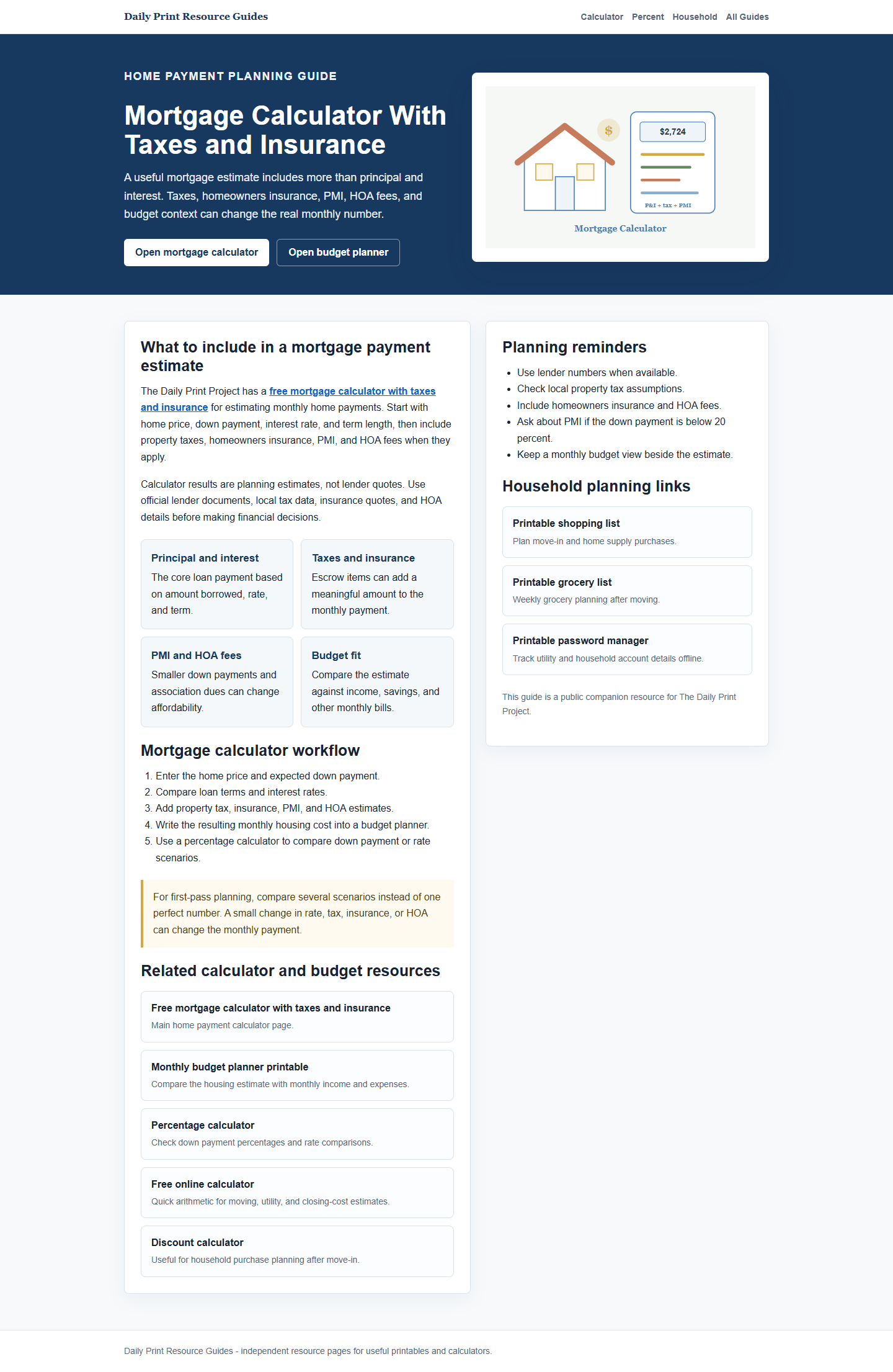 Mortgage calculator with taxes and insurance preview